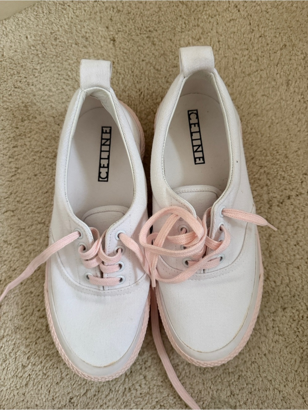 Celine White Canvas Sneakers with Pale Pink Details
